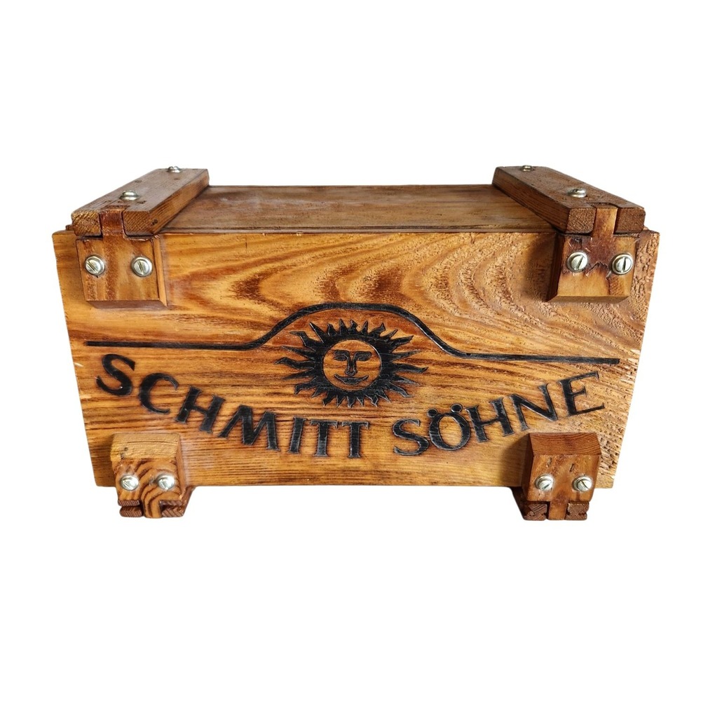 Schmitt Sohne Germany Seared Pyrography Vintage Wooden Wine Crate Box EMPTY